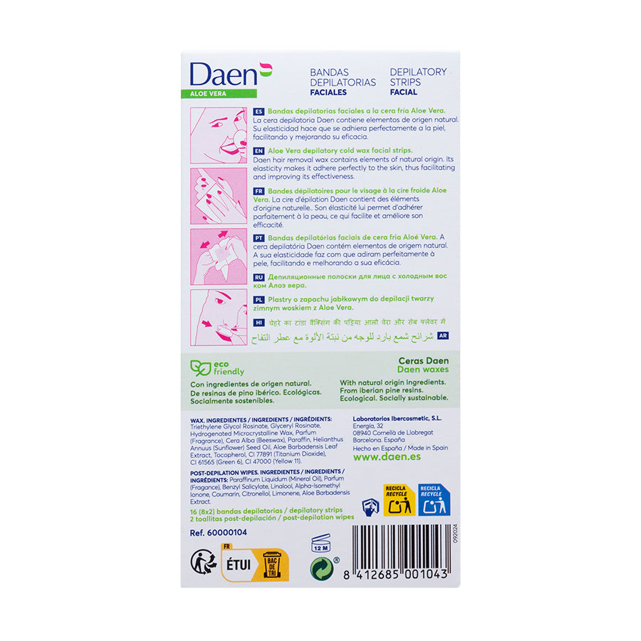 Bandas de cera facial Aloe Vera 16 uds. DAEN