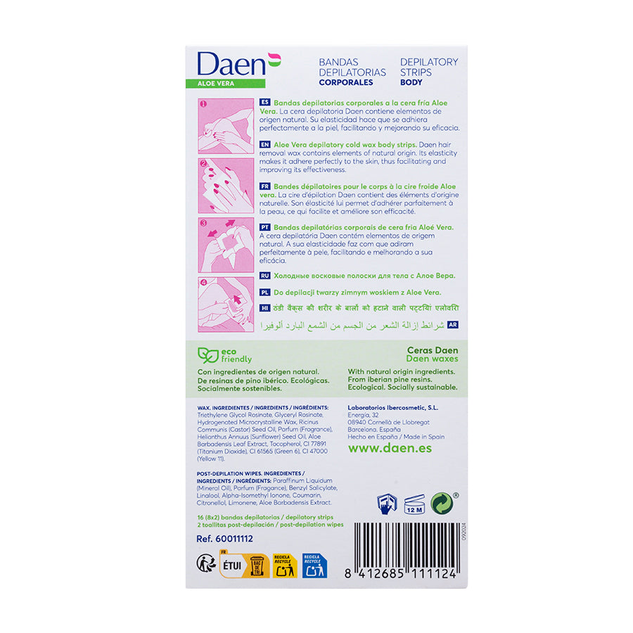 Bandas de cera corporal Aloe Vera 16 uds. DAEN
