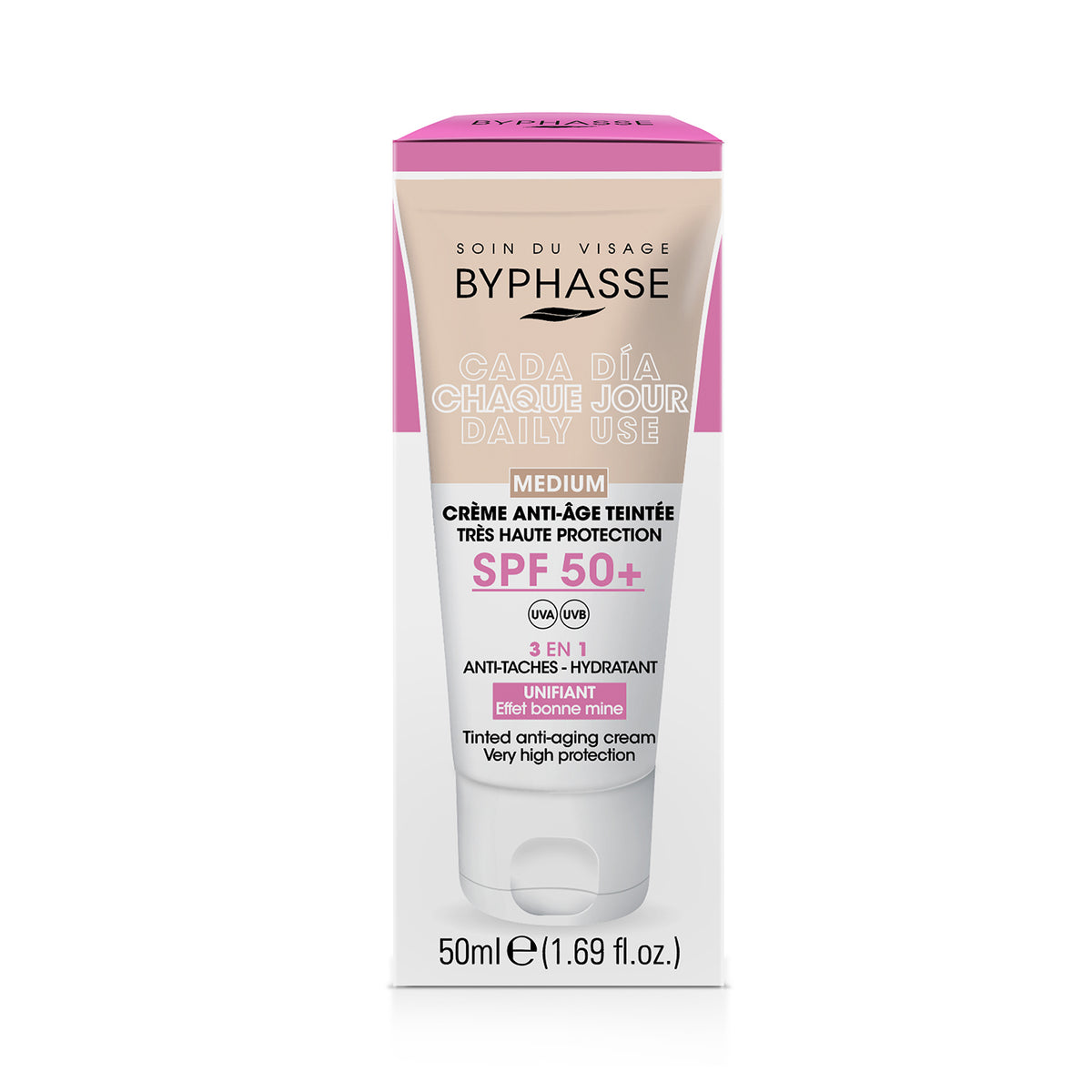 CREMA FACIAL ANTIEDAD CON COLOR MEDIUM SPF 50+ 50ML. BYPHASSE