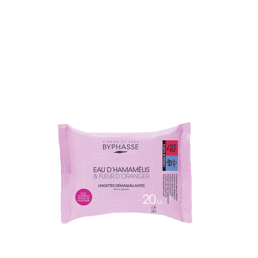 TOALLITAS DESMAQUILLANTES CON AGUA DE HAMAMELIS & FLOR DE NARANJO PIEL GRASA 20U. BYPHASSE