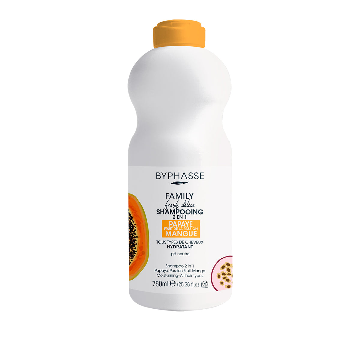FAMILY FRESH DELICE CHAMPÚ 2 EN 1 PAPAYA, FRUTA DE LA PASIÓN & MANGO TODO TIPO DE CABELLO 750ML. BYPHASSE