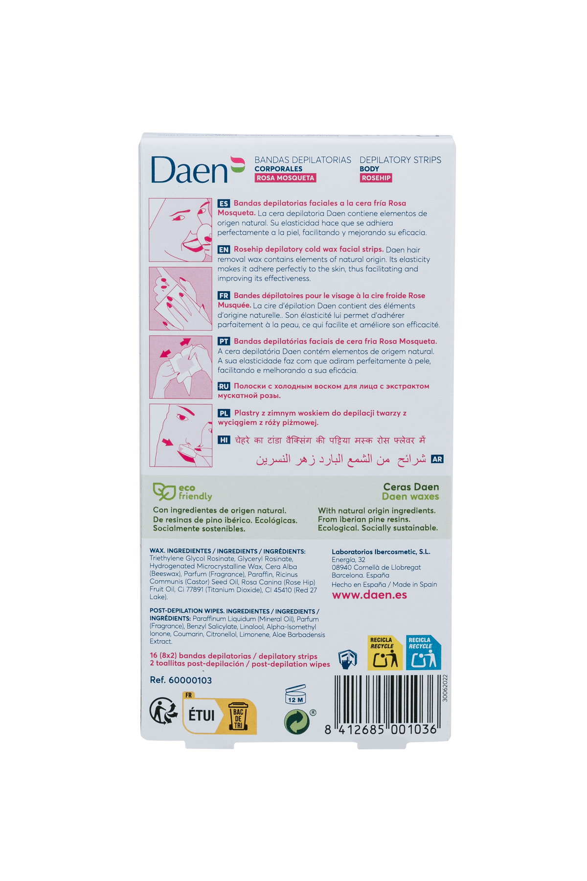 Bandas de cera facial Rosa Mosqueta 16 uds. DAEN